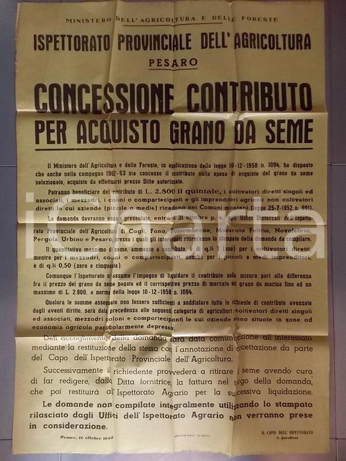 Documento originale, autentico 1962 PESARO Concessione contributo acquisto grano da seme Manifesto cm 70 x 100 1
