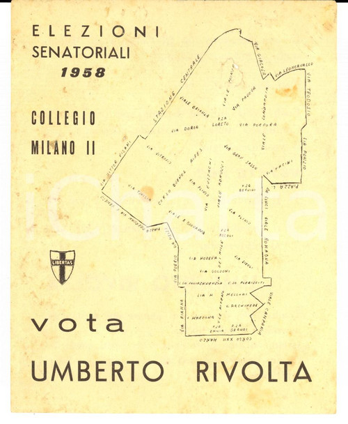 Materiale pubblicitario d’epoca 1958 MILANO Elezioni Senatoriali  PROPAGANDA DC Vota Umberto RIVOLTA Volantino 1
