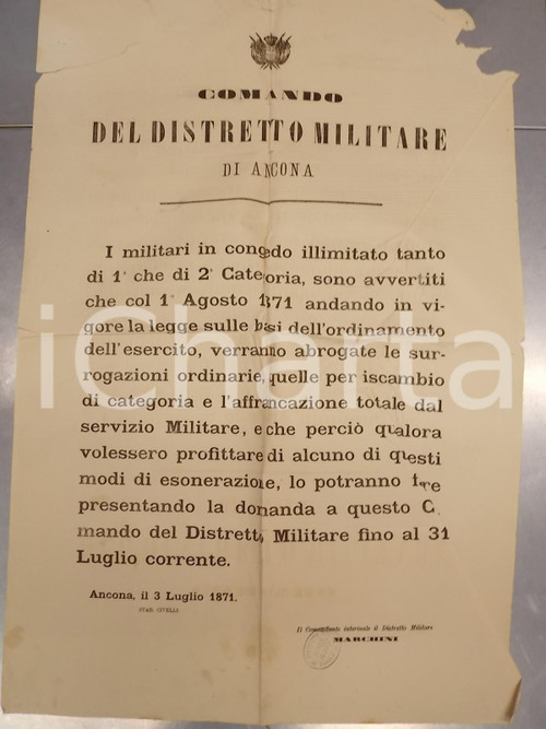 Documento originale, autentico 1871 ANCONA Esonero dei militari in congedo illimitato Manifesto 42x65 1