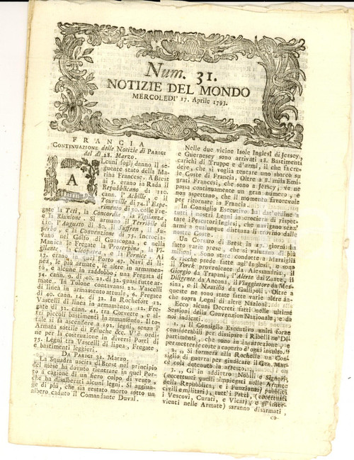 Giornale, rivista storica 1793 NOTIZIE DEL MONDO Armamenti Marina francese Gazzetta RIVOLUZIONE n° 31 1