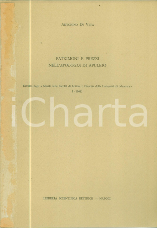 Libro, pubblicazione d epoca 1968 Antonino DI VITA Patrimoni e prezzi nell Apologia di APULEIO Pubblicazione 1