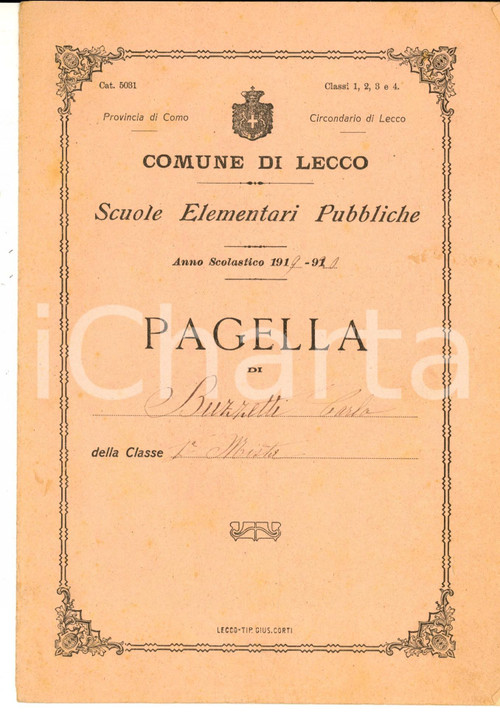 Oggetto da collezione cartaceo 1920 LECCO Pagella di Carlo BUZZETTI  Scuole elementari pubbliche Classe mista 1
