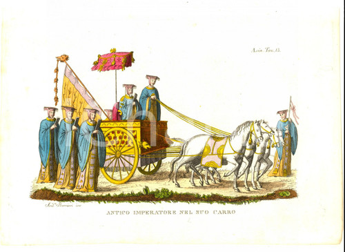Stampa, bozzetto originale 1823 FERRARIO COSTUME ASIA Antico imperatore nel suo carro Inc. BERNIERI 1