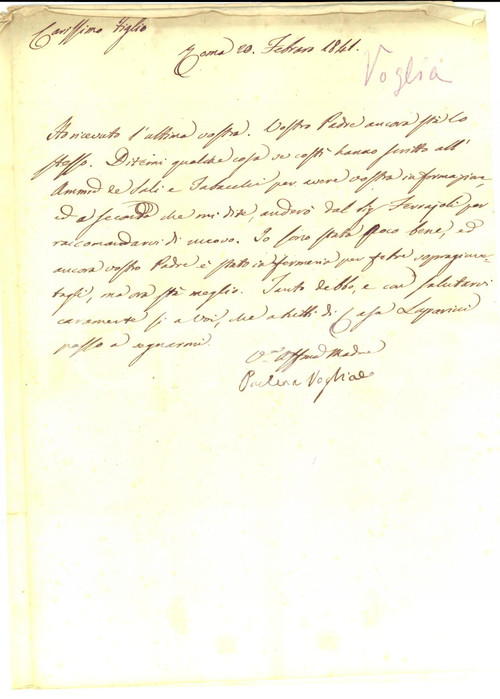 Manoscritto, lettera originale 1841 ROMA Paolina CAMBI VOGLIA ammalata con il marito in infermeria Lettera 1