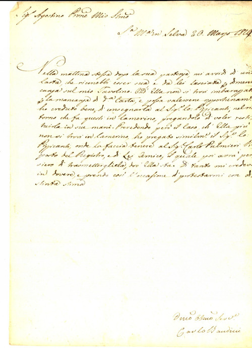 Manoscritto, lettera originale 1829 SANTA MARIA IN SELVA MC Carlo BANDINI restituisce un documento smarrito 1