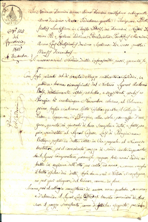 Documento originale, autentico 1816 PERUGIA Collegio di Pietra e Legname vende bottega a Cesare LAZI 1