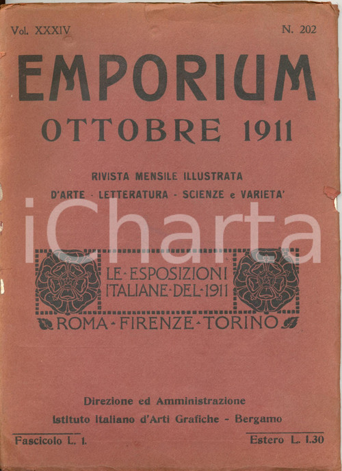 Libro, pubblicazione d epoca 1911 EMPORIUM Esposizioni italiane Roma Firenze Torino Rivista DANNEGGIATA 1