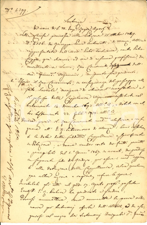Documento originale, autentico 1852 MONZA Sentenza decadimento diritti Pietro CRIPPA su cappellania VIGANORIO 1