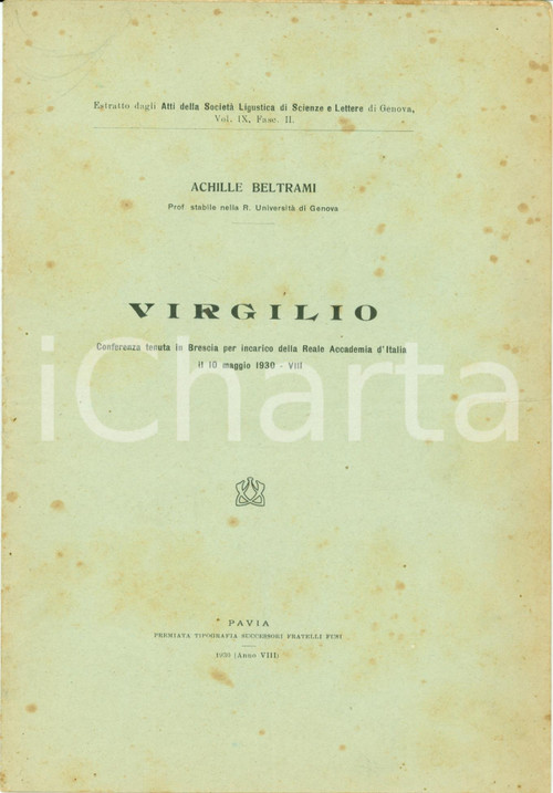 Libro, pubblicazione d epoca 1930 Achille BELTRAMI Conferenza su VIRGILIO Opuscolo AUTOGRAFO 1