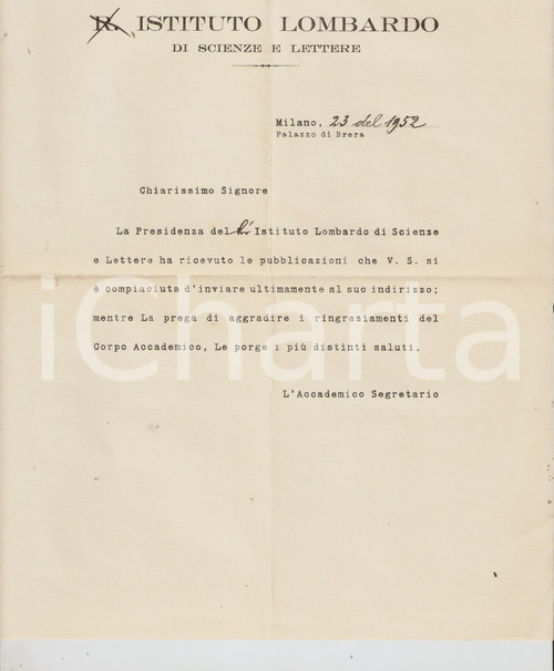 Autografo originale 1952 MILANO BRERA Istituto Lombardo di Scienze e Lettere 1