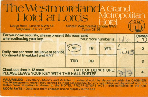 Oggetto da collezione cartaceo 1956 LONDON UK Westmoreland Hotel AT LORDS Caledonian Airways 1