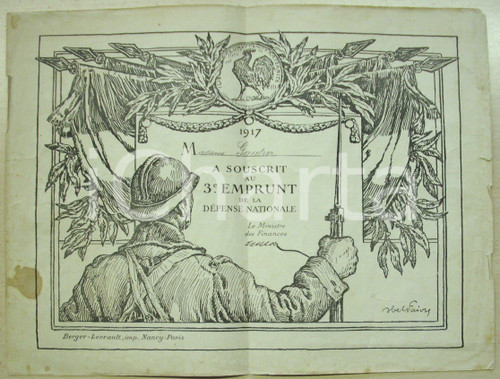 Documento originale, autentico 1917 Madame GAUTIER Souscrit Emprunt DÃ©fense Nationale 1