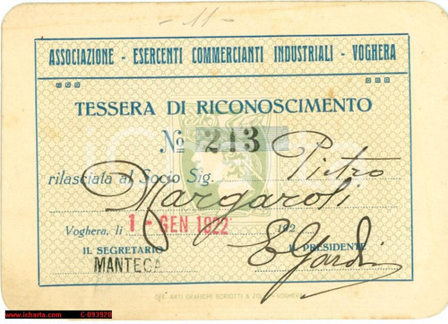 Oggetto da collezione cartaceo 1922 VOGHERA PV Tessera commercianti Pietro MARGAROLI 1