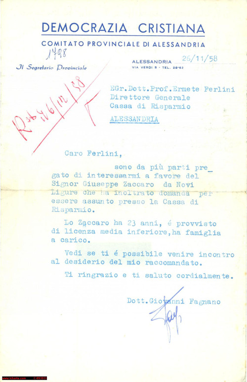 Autografo originale 1958 ALESSANDRIA Democrazia Cristiana Giovanni FAGNANO 1