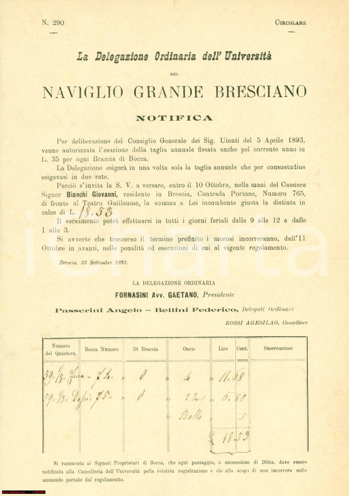 Documento originale, autentico 1893 BRESCIA Taglia per il Naviglio Grande Bresciano 1