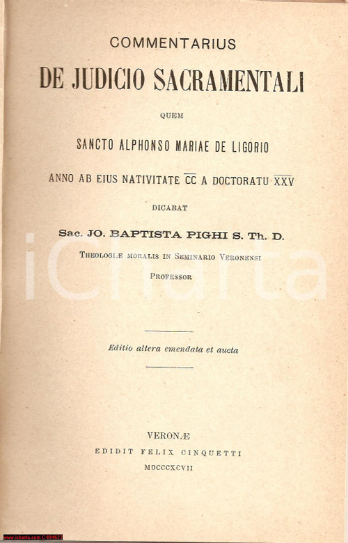 Oggetto da collezione cartaceo 1897 Giovanni battista PIGHI De Judicio SACRAMENTALI 1