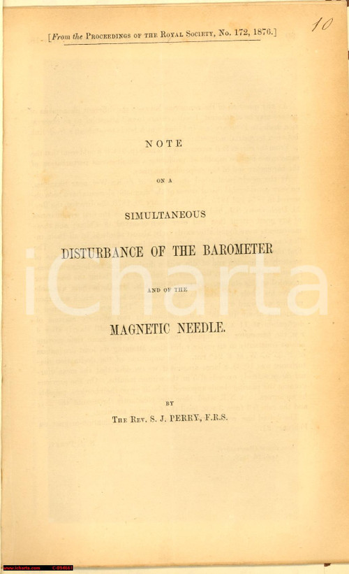 Libro, pubblicazione d epoca 1876 CLITERHOE Rev. PERRY Disturbance of the barometer 1