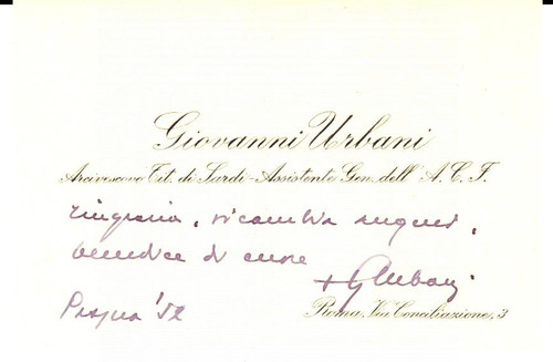 Autografo originale 1956 VERONA Mons. Giovanni URBANI biglietto da visita Autografo 1