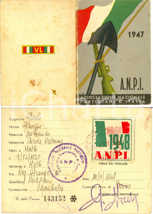 Oggetto da collezione cartaceo 1947 MATHI TO Tessera A.N.P.I. partigiano Giuseppe GISOLO Centenario 1848 1