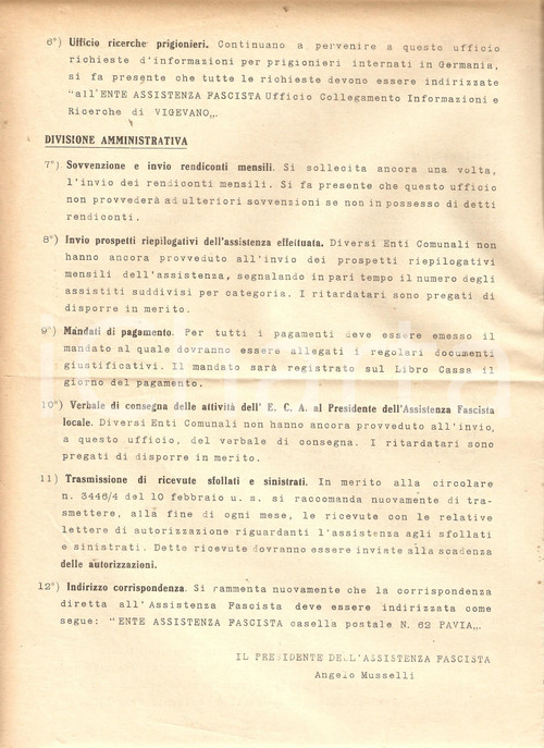 Documento originale, autentico 1944 PAVIA PFR RSI Norme per assistenza sfollati e sinistrati Documento 1