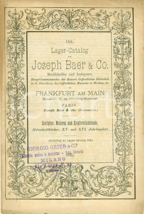 Libro, pubblicazione d epoca 1885 FRANKFURT AM MAIN Catalogo antiquario JOSEPH BAER & Co. Scultura pittura 1