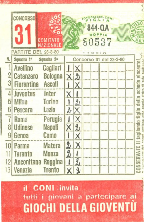 Oggetto da collezione cartaceo 1980 CONI Schedina giocata per TOTOCALCIO campionato di SERIE A e Serie B 1