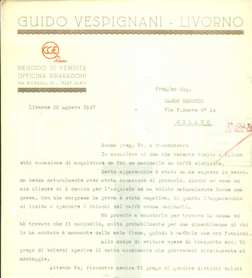 Documento originale, autentico 1947 LIVORNO Guido VESPIGNANI vende macinello per caffÃ¨ rotto Documento 1