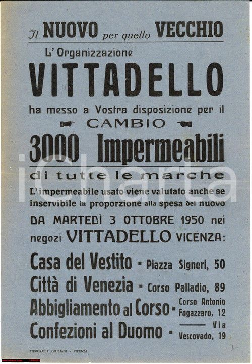 Oggetto da collezione cartaceo 1950 VITTADELLO VICENZA Vecchio impermeabile vs nuovo 1