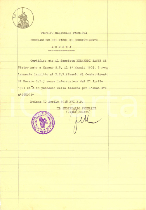 Documento originale, autentico 1938 MARANO SUL PANARO MO Sante BERNARDI iscritto al Fascio PNF Documento 1