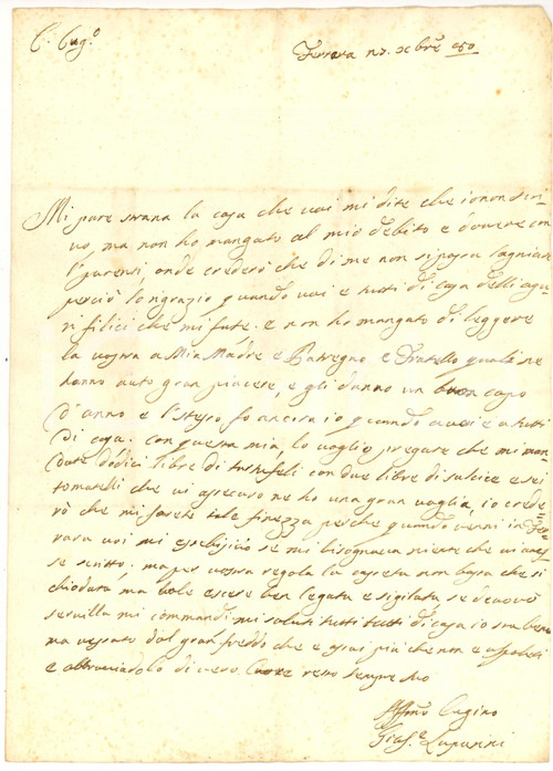 Manoscritto, lettera originale 1780 FERRARA Nobile Giuseppe LUPARINI chiede tartufelli e salsicce Lettera 1