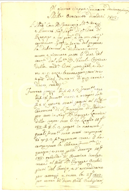 Manoscritto, lettera originale 1812 RAGUSA compera di grano da  S. Francesco di MODICA 1