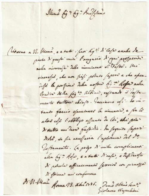 Manoscritto, lettera originale 1786 ROMA Mons. Girolamo NAPOLIONI promette aiuto per una pratica AUTOGRAFO 1