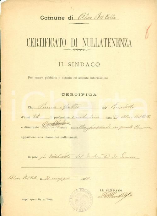 1918 ALICE BEL COLLE (AL) Matteo PIANA è nullatenente *Documento