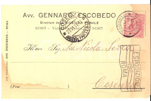 1911 ROMA GIUSTIZIA PENALE Avv. Gennaro ESCOBEDO su un ricorso *Autografo DATA: 1911  LUOGO: ROMA - Viale Giulio Cesare  TITOLO: AVV. GENNARO ESCOBEDO SU UN RICORSO Autografo   DESCRIZIONE: Cartolina postale autografa dell'avv. Gennaro Escobedo, direttore della "Giustizia Penale", a un collega in merito a una causa.  CONDIZIONI: mediocri (macchie marginali di umidit&agrave;) FORMATO: FP  Cartolina postale d'epoca, originale, autentica, FP VG.      originale e autentica 1