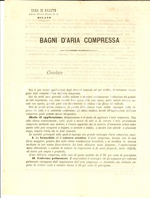 1875 MILANO Casa di Salute - Bagni d'aria compressa e aeroterapia *Lettera Documento circolare d'epoca, a stampa.CONDIZIONI: FAIR    originale e autentica 1