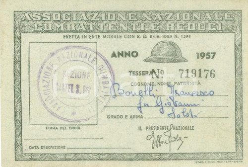 1957 CASTEL SAN GIOVANNI Associazione Combattenti Tessera Francesco BONELLI