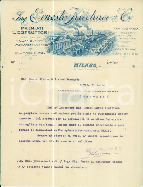 1910 MILANO Ing. Ernesto KIRCHNER & Co. lavorazione legno *Fattura commerciale