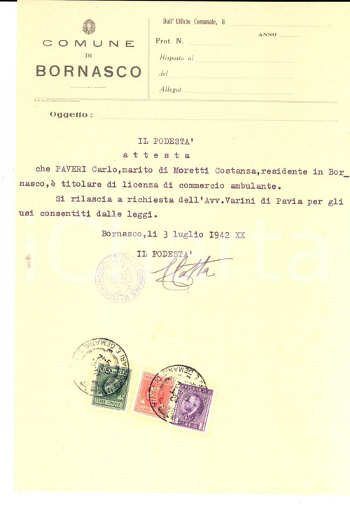 1942 BORNASCO (PV) Attestato a Carlo PAVERI per licenza commercio ambulante