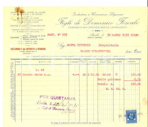 1935 BIELLA Figli di Domenico FOSCALE Industria legname *Fattura tavole abete
