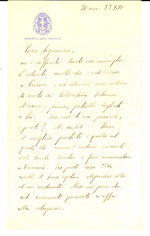 1933 ROMA Sen. Pietro FEDELE su una cattedra di letteratura polacca *AUTOGRAFO Lettera autografa, su carta intestata. CONDIZIONI: poor (mancanza di carta bianca in terza pagina) PAGINE: 4 (2 bianche)      originale e autentica 1
