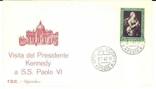 1963 STORIA POSTALE VATICANO Busta Visita KENNEDY a Paolo VI *Primo giorno FDC BUSTA PRIMO GIORNOBusta intestata, priva di contenuto.CONDIZIONI: G    originale e autentica 1