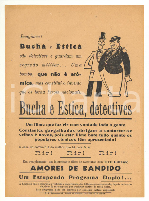 1944 CINEMA PORTUGAL Film "Bucha e Estica detectives" (The Big Noise) Volantino Volantino pubblicitario d'epoca.  CONDIZIONI: G  originale e autentica 1