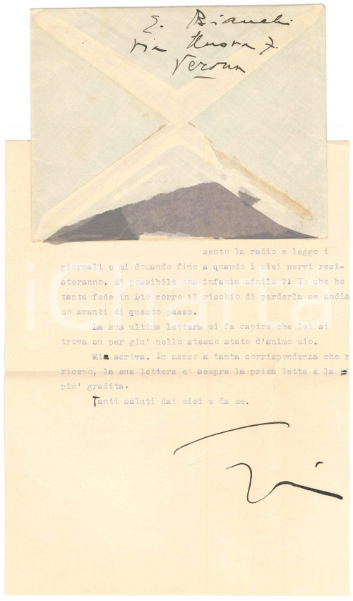 5 Settembre 1943 AVIO (TN) Gianna PEDERZINI contro gli "infami" *AUTOGRAFO Lettera dattiloscritta, con firma autografa, inviata dal celebre soprano Gianna Pederzini a un amico.Gianna Pederzini lamenta la situazione politica attuale : "E' mai possibile un'infamia simile?!" (molto probabilmente riferendosi all'operato del governo Badoglio).Busta viaggiata.PAGINE: 1 FAIR/discreto piegature d'epoca  originale e autentica 1