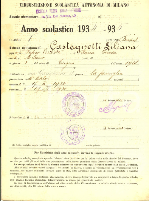 1935 MILANO Scuola "Rosa Govone" - Pagella Liliana CASTEGNETTI in BRAILLE