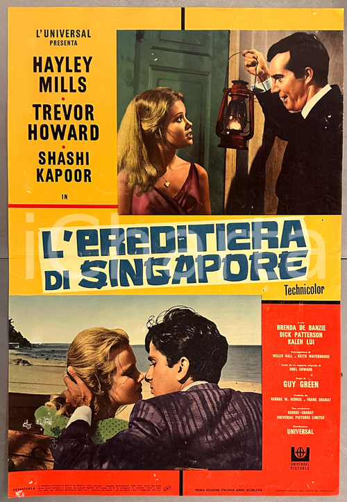 1968 Hayley MILLS Trevor HOWARD "L'ereditiera di Singapore" - Fotobusta Fotobusta cinematografica originale d'epoca, della prima edizione italiana del film (l'edizione originale &egrave; del 1967). POOR/danneggiato piegature d'epoca; fori di affissione; piccoli strappi marginali Formato: 45x65 cm originale e autentica 1