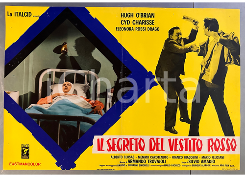 1967 Hugh O'BRIAN Cyd CHARISSE "Il segreto del vestito rosso" Fotobusta 66x46 cm Fotobusta originale d'epoca del film, pi&ugrave; noto come "Assassinio made in Italy". POOR/danneggiato piegature d'epoca; fori di affissione; piccoli strappi marginali Formato: 66x46 cm originale e autentica 1