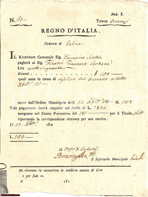 Documento originale, autentico 1811 PALMANOVA UD Onorari Francesco FINAZZI scrittore 1