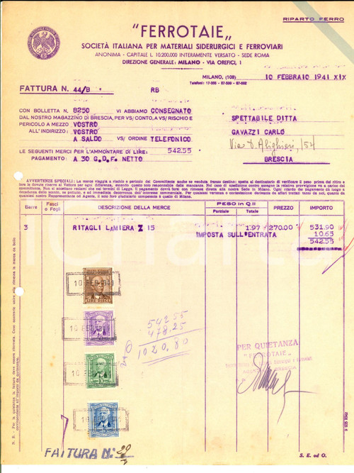 Documento originale, autentico 1941 MILANO SocietÃ  FERROTAIE Materiali siderurgici e ferroviari *Fattura 1