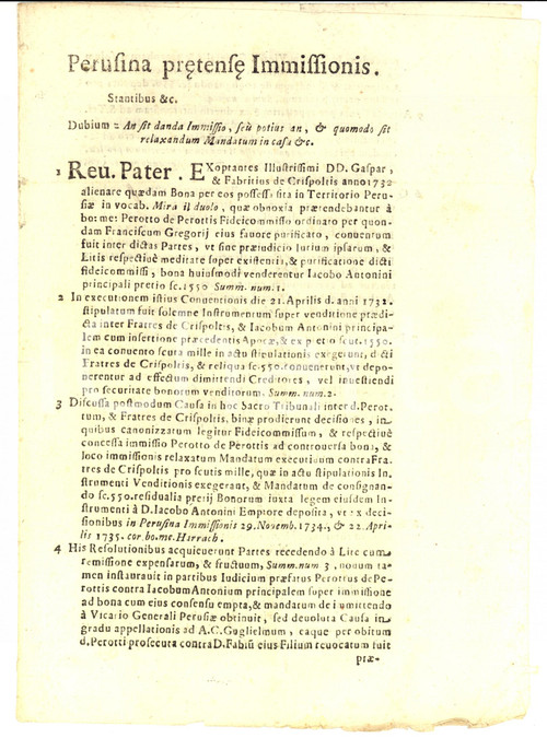 Documento originale, autentico 1740 MIRALDUOLO PG Immissione nei beni venduti dai fratelli CRISPOLTI 1