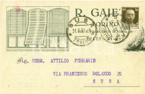 Cartolina originale da collezione 1931 TORINO Romualdo GAIETTI Fabbrica persiane avvolgibili Cartolina commerciale 1